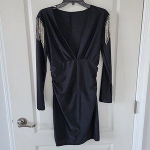 Black Long Dress Long Sleeve Maxi Deep V Neck Beaded Accent Women's M Tapered